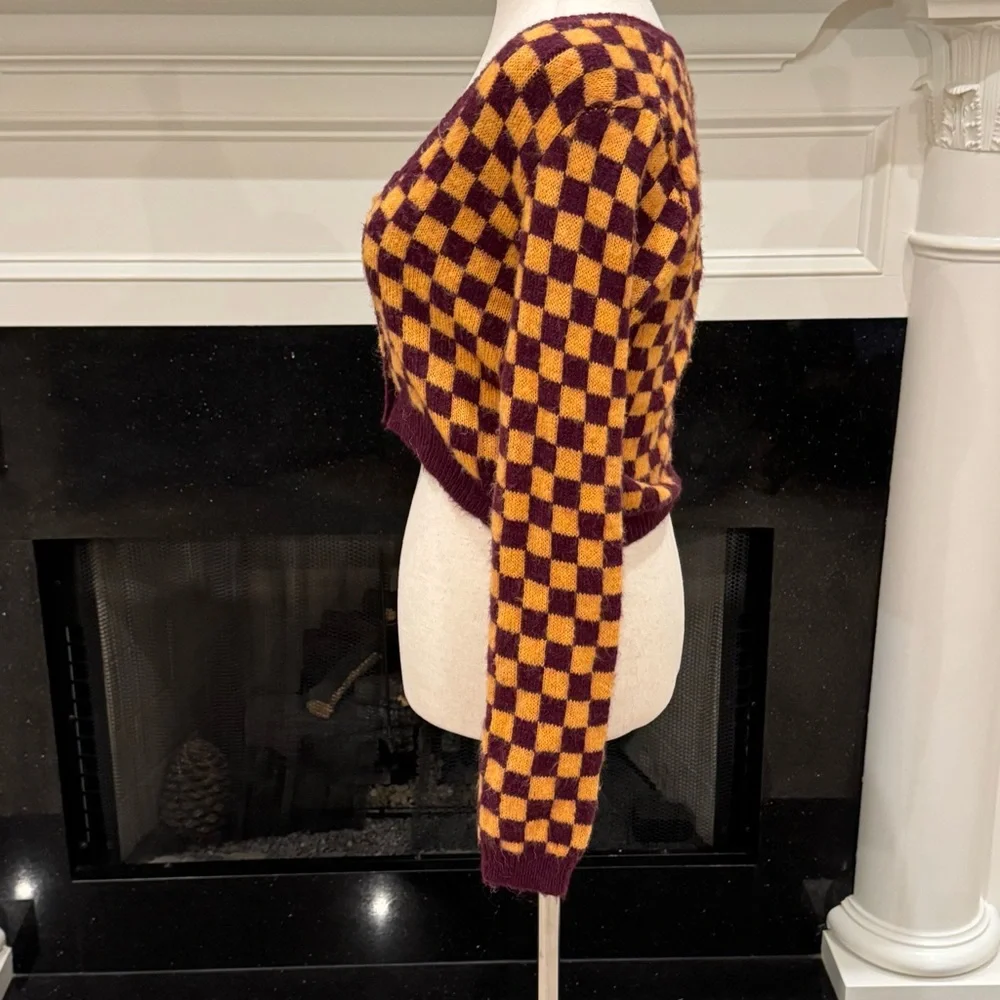 Zara Checkerboard Cropped Cardigan | Size Small | Maroon & Mustard - Picture 7 of 13
